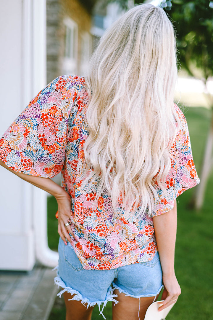 Multicolor Notch V Neck Gorgeous Floral Blouse