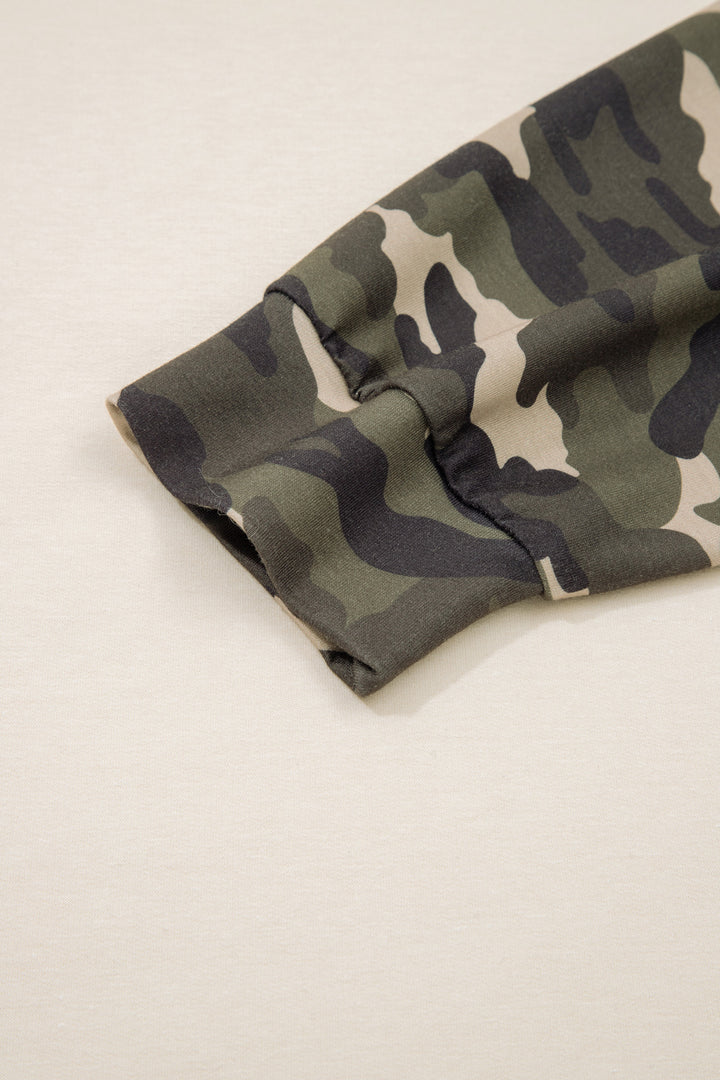 Apricot Camo Print Patchwork Sleeve Raw Hem Plus Size Sweatshirt