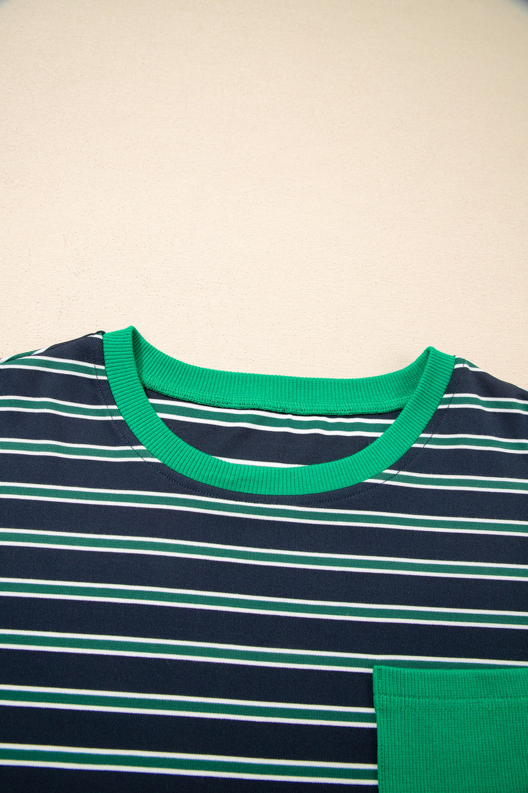 Green Stripe Ribbed Color Block Patchwork Crew Neck Patch Pocket Long Sleeve Top