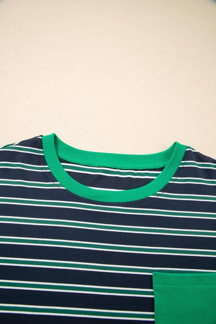 Green Stripe Ribbed Color Block Patchwork Crew Neck Patch Pocket Long Sleeve Top