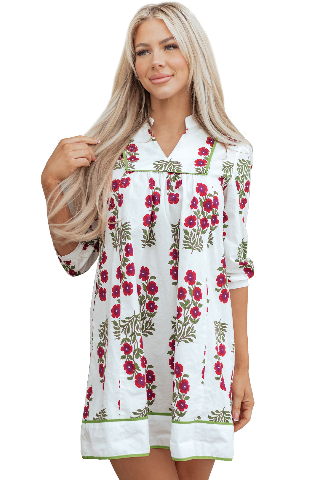 Frilled V Neck 3/4 Sleeve Loose Floral Dress