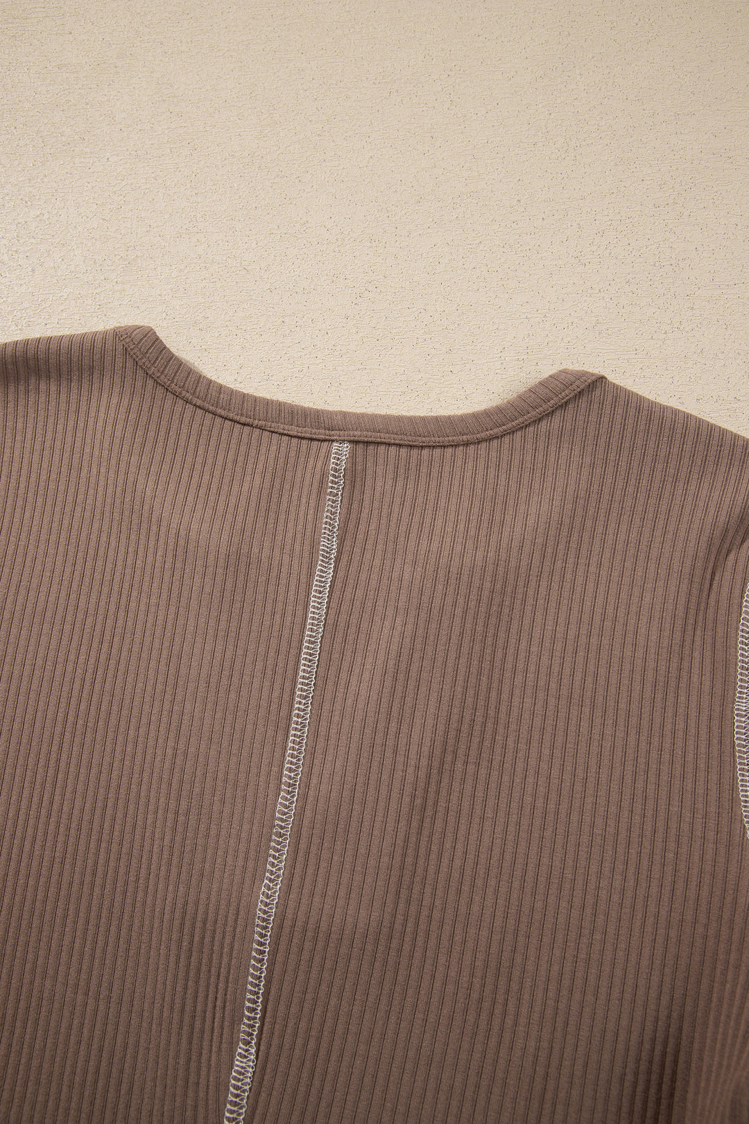 Dark Khaki V Neck Ribbed Stitched Detail Long Sleeve Top