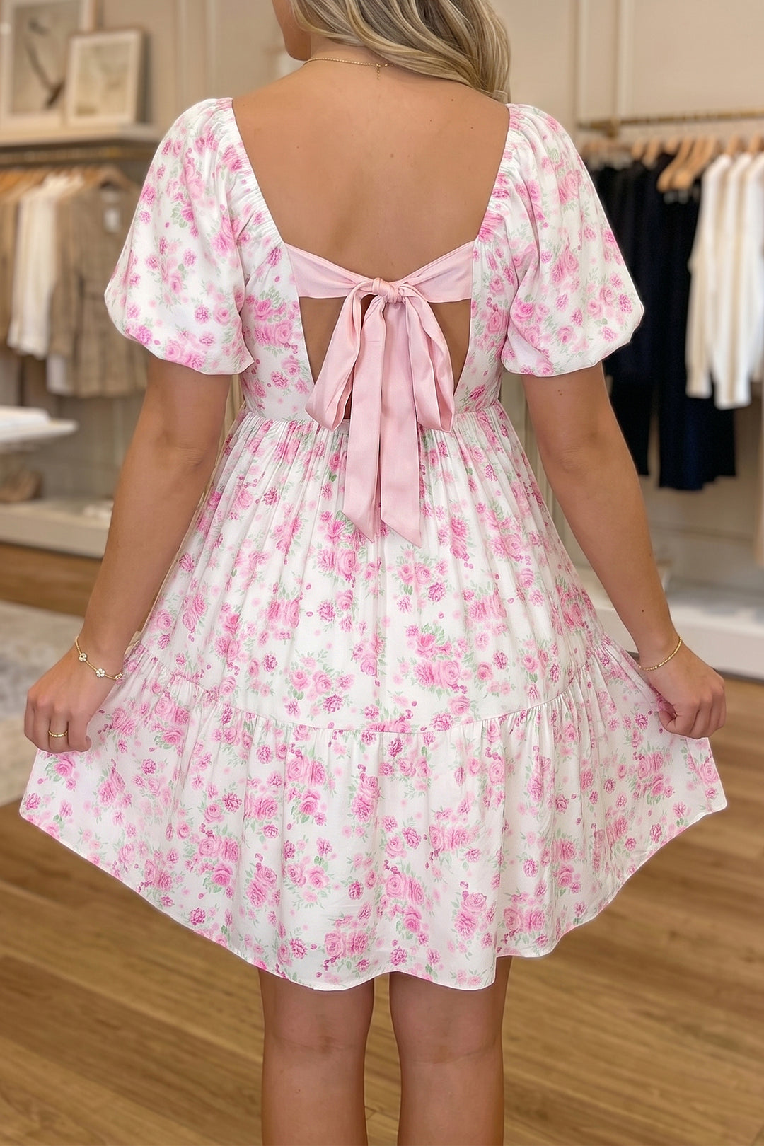 Cute Pink Floral Print Square Neck Ribbon Knot Back Cute Mini Dress