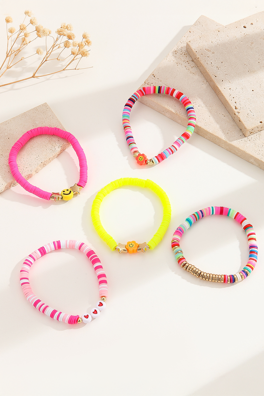 Smile Face Flower Beaded 5pcs Bracelet Set (Color of Flower May Vary)