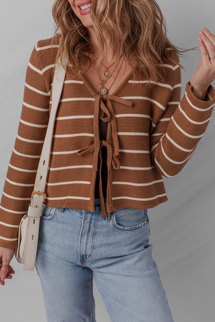 Tie Front Striped Knit V Neck Cardigan Sweater