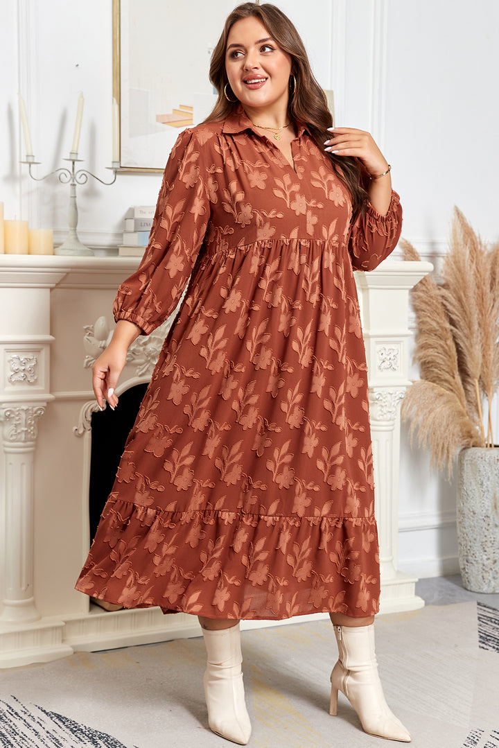 Cinnamon Plus Size Textured 3D Flower Pattern Ruffle Hem Long Dress
