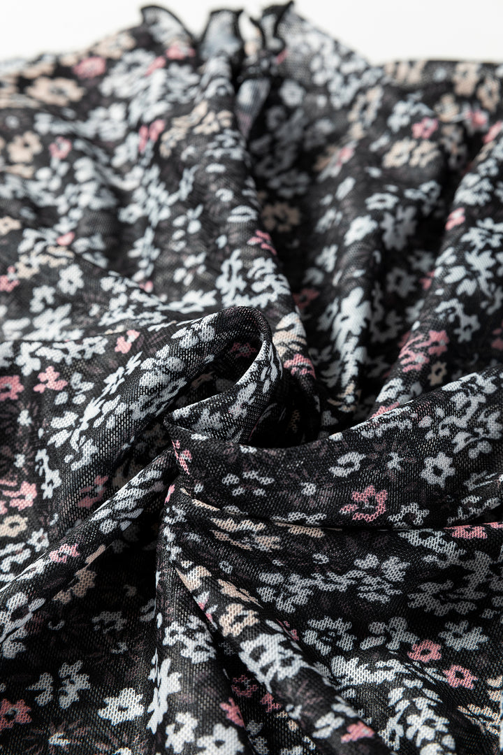 Black Ditsy Floral Mesh Thumbhole Sleeve Slim Fit Top