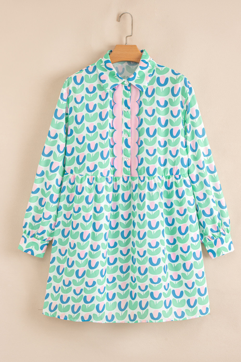 Floral Print Notched Neck Scalloped Detail Long Sleeve Mini Dress