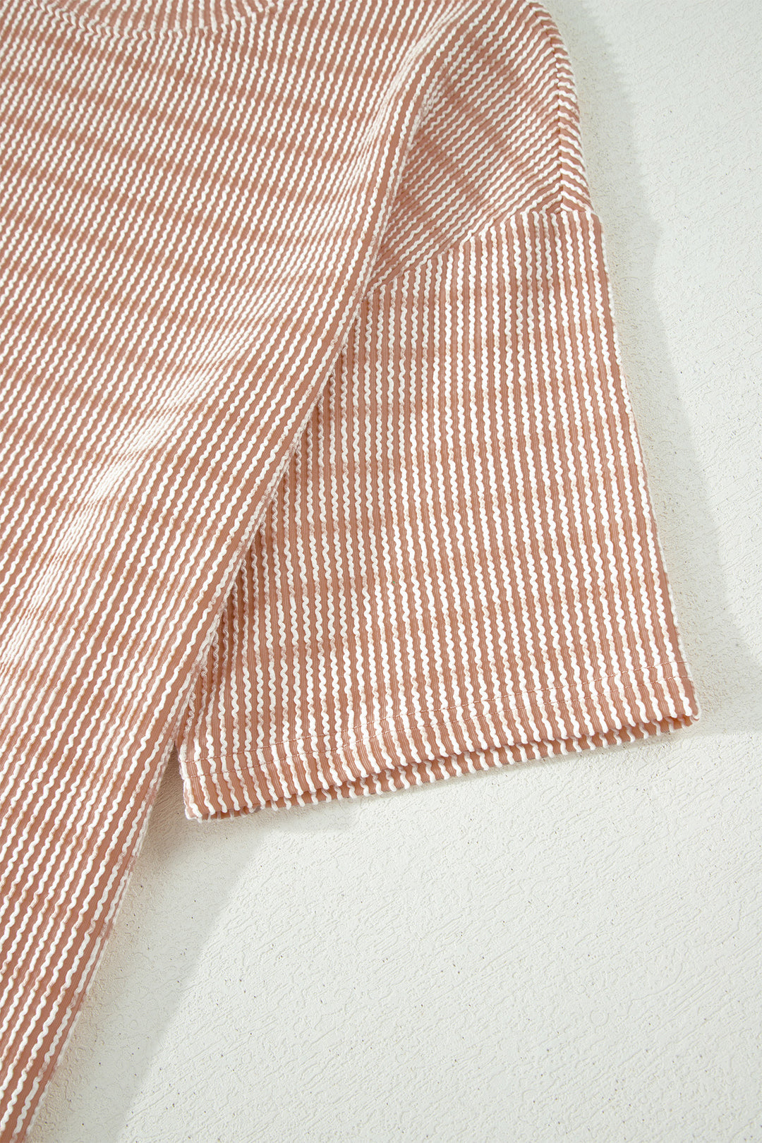 Khaki Stripe Raised Rib Loose Tee Drawstring Elastic Waist 2pcs Short Set