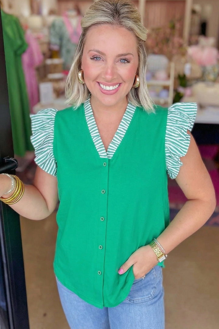 Dark Green Plus Size Button Front Ruffled Stripe Trim V Neck Flutter Sleeve Blouse