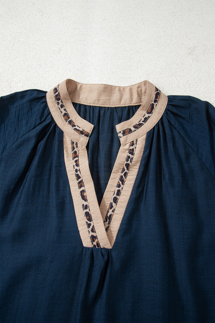 Navy Blue Contrast Leopard Patchwork Collar Plus Size Long Flounce Sleeve Blouse