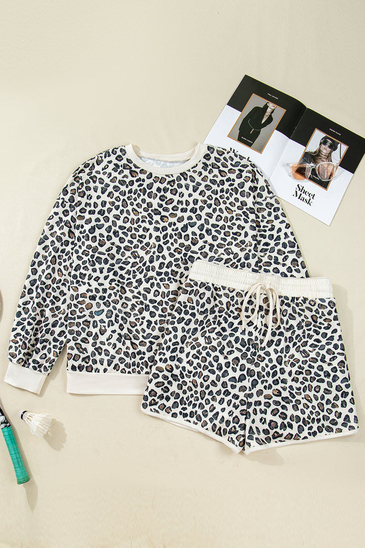 Khaki Plus Size Leopard Loose Pullover Casual Shorts 2pcs Outfit