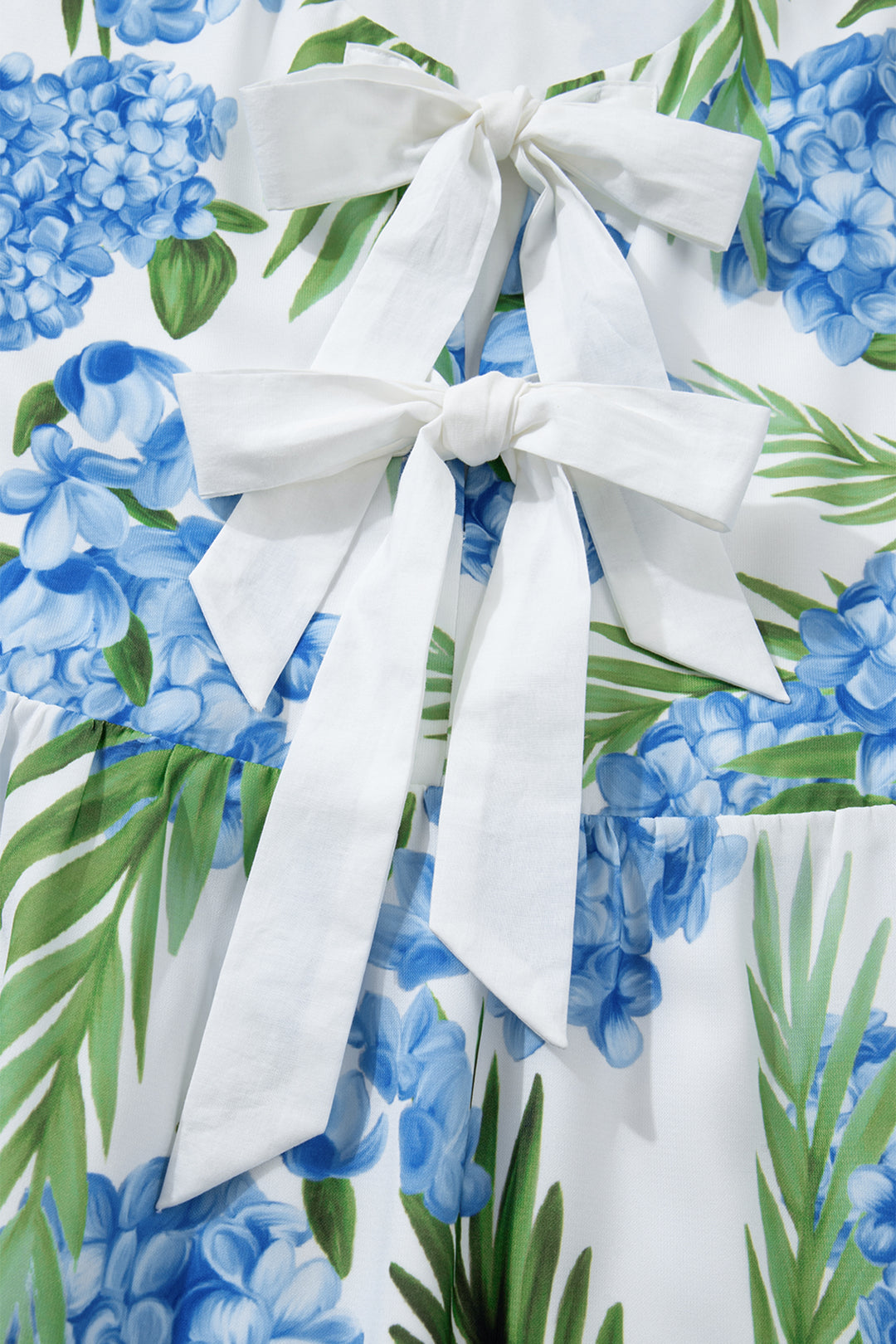 Sky Blue Palm Floral Print Contrast Ribbon Knot Ruffle Tiered Sleeve Mini Dress
