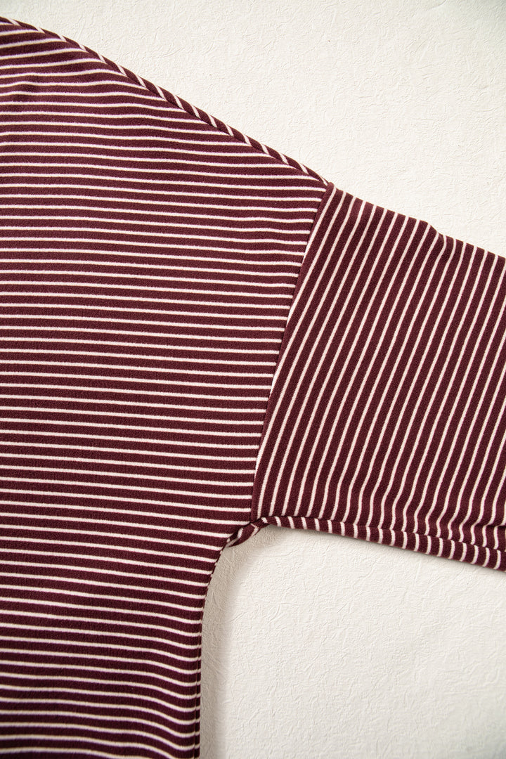 Brown Stripe Contrast Trim Round Neck Oversize Long Sleeve Top 2pcs Pant Set