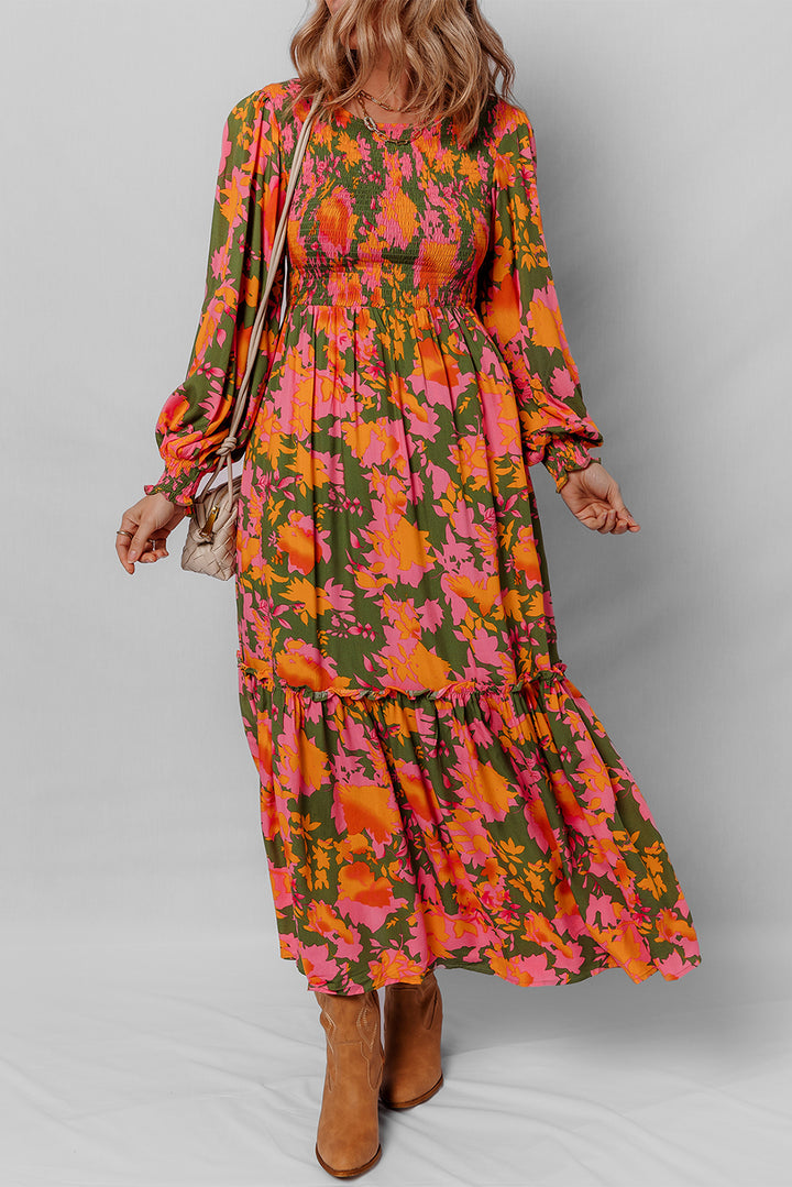 Floral Puff Sleeve Smocked Bodice Ruffled Long Dress
