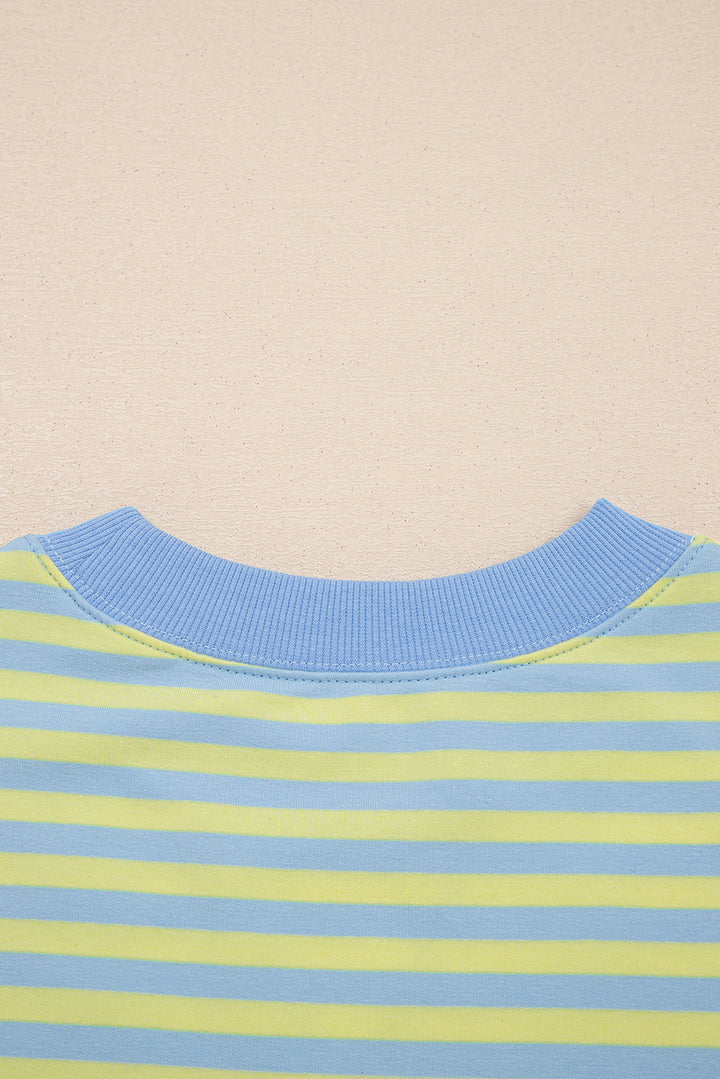 Yellow Stripe Color Block Detail Long Sleeve Pullover Elastic Waist Pull On Shorts 2pcs Set