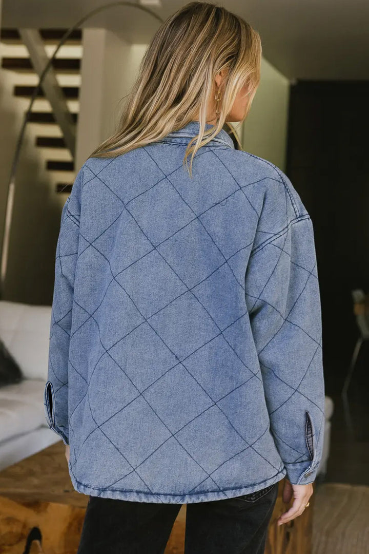 Ashleigh Blue Rhombus Stitched Pattern Button Pocketed Denim Jacket
