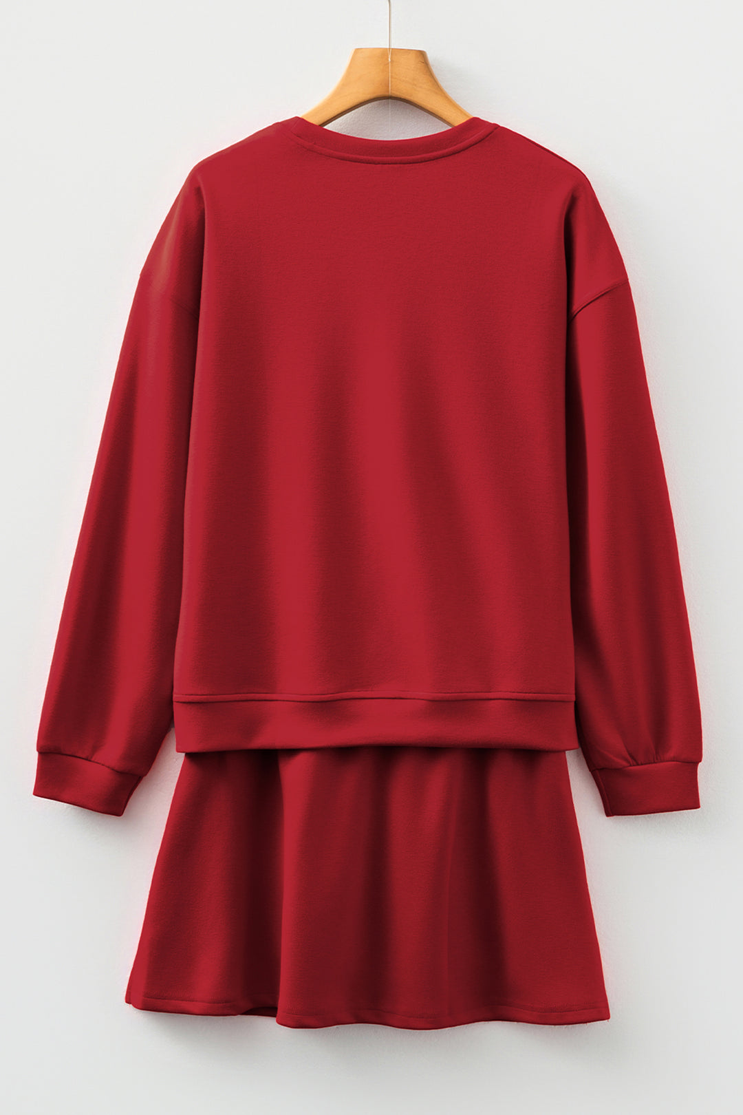 Racing Red Solid Color Drop Shoulder Pullover Mini Skirt 2pcs Outfit
