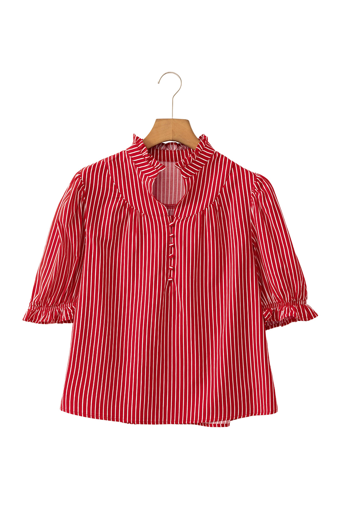 Red Stripe Ruffled Short Puff Sleeve Button Front Blouse