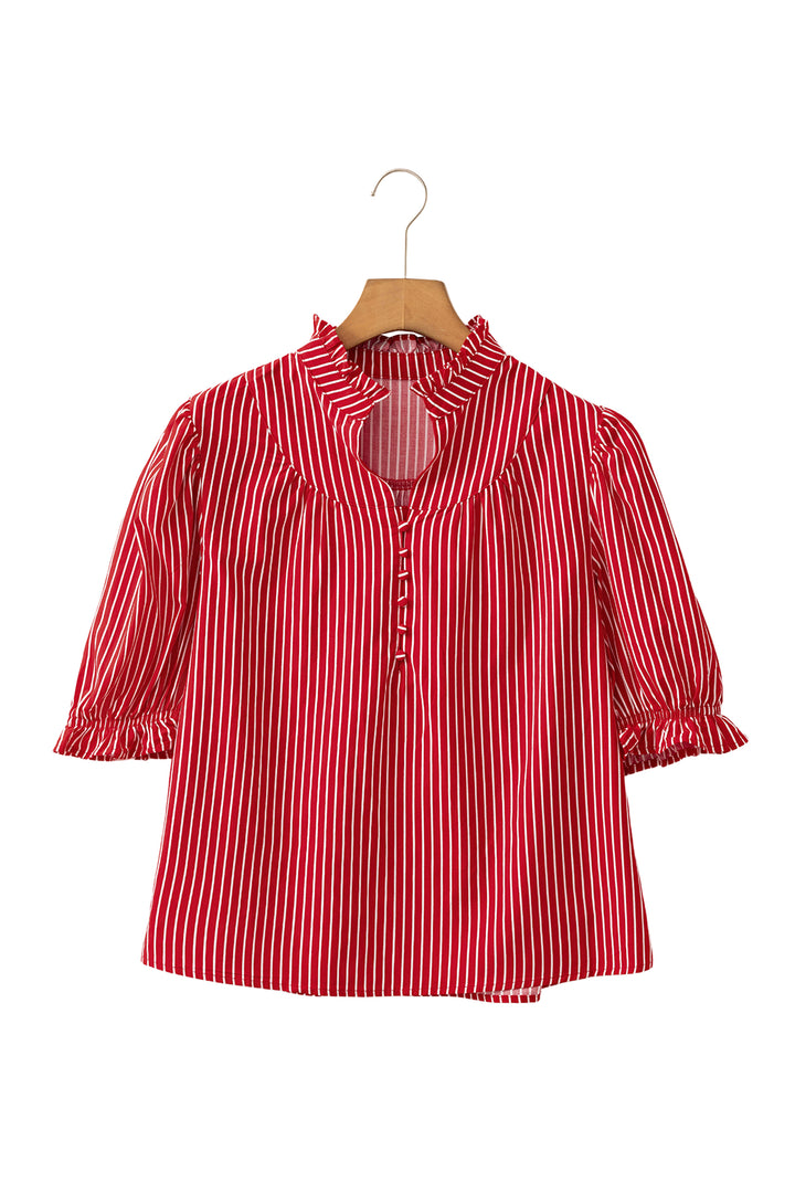 Red Stripe Ruffled Short Puff Sleeve Button Front Blouse