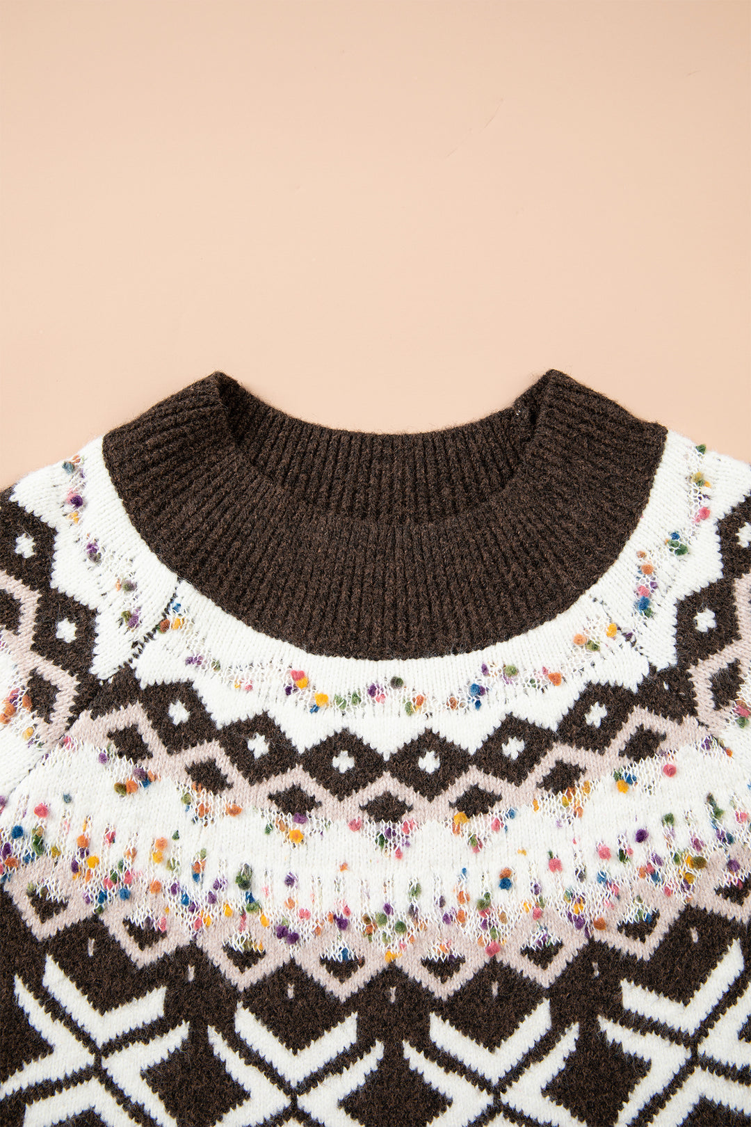 Chicory Coffee Christmas Theme Geometric Pattern Knit Round Neck Shift Sweater