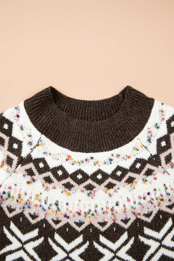 Chicory Coffee Christmas Theme Geometric Pattern Knit Round Neck Shift Sweater