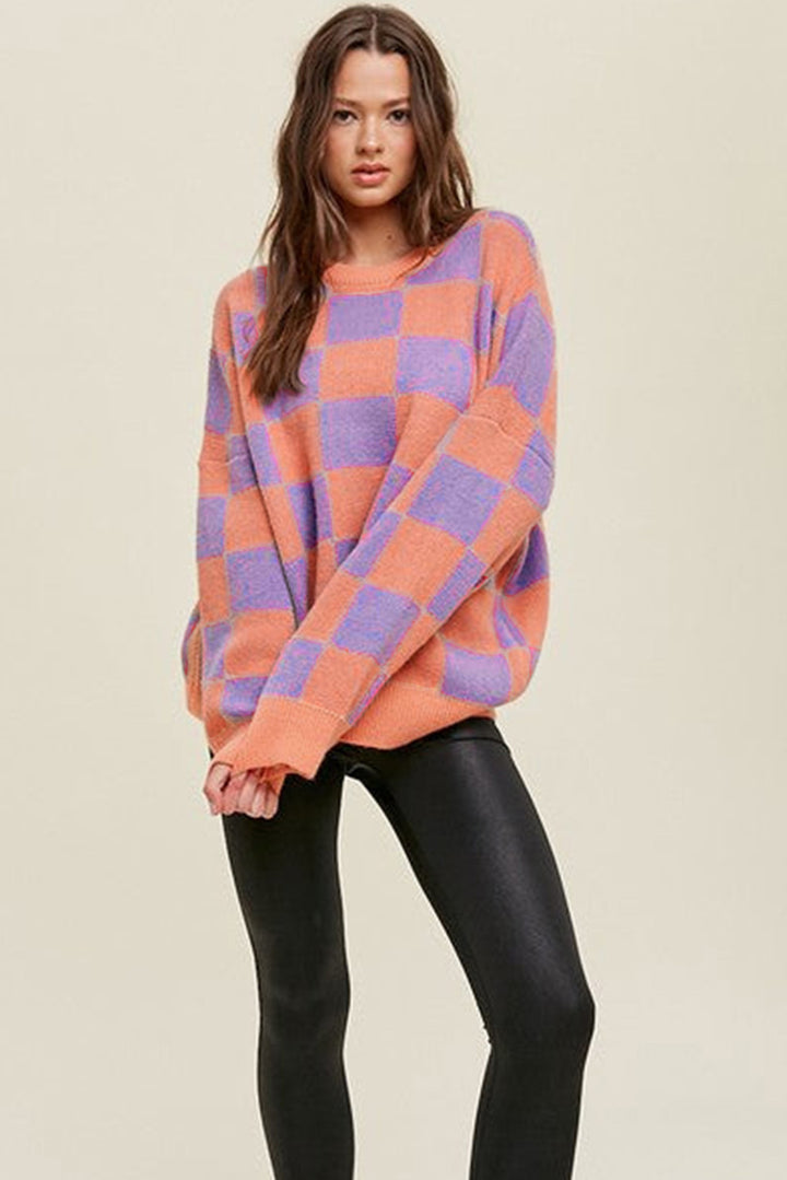 Grapefruit Orange Checkered Pattern Ribbed Trim Knit Baggy Sweater