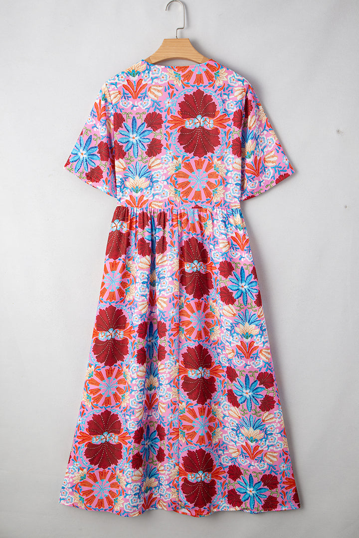 Floral Tied Front High Waist Short Sleeve Loose Long Dress