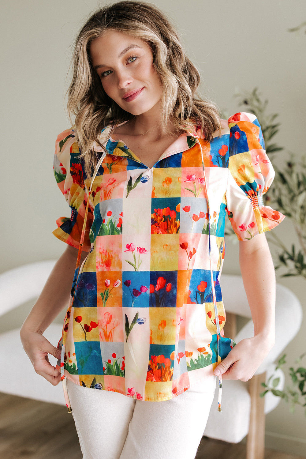 Floral Checker Print Ruffled Short Puff Sleeve Blouse