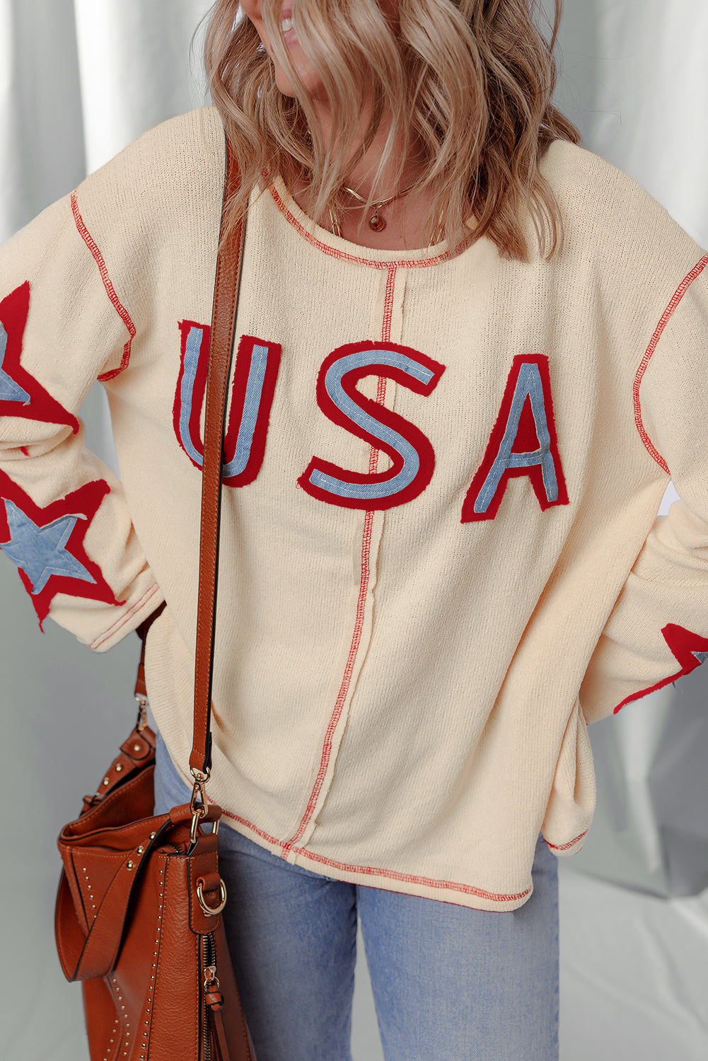 Beige USA Star Contrast Patchwork Long Sleeve Top