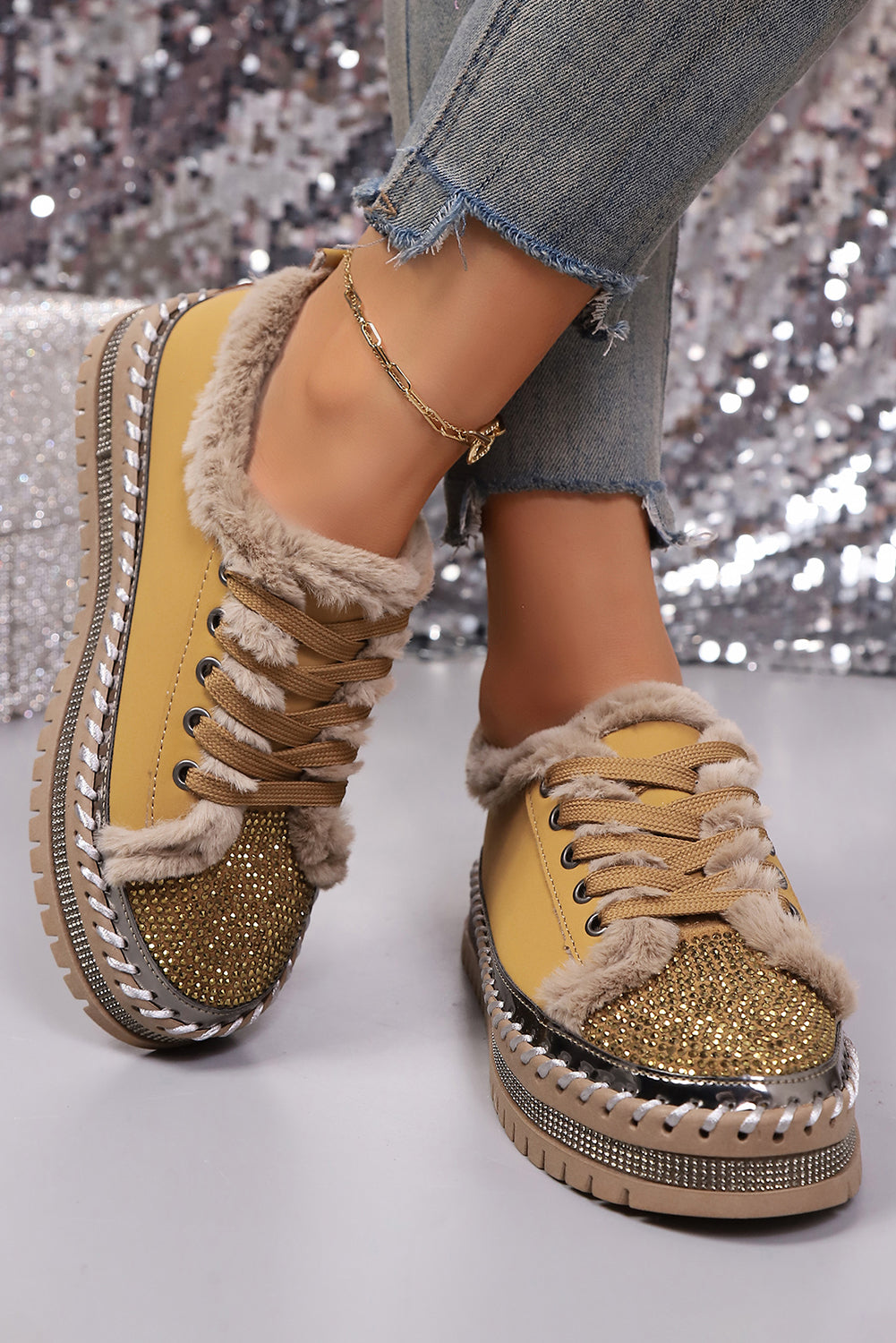 Rhinestone Embellished Faux Fur Lining Lace-Up Flat Shoes
