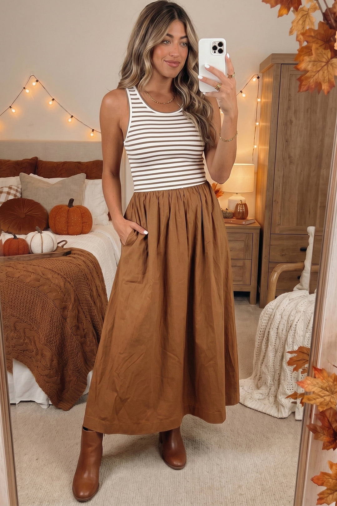 Chestnut Striped Colorblock Sleeveless Casual Long Dress