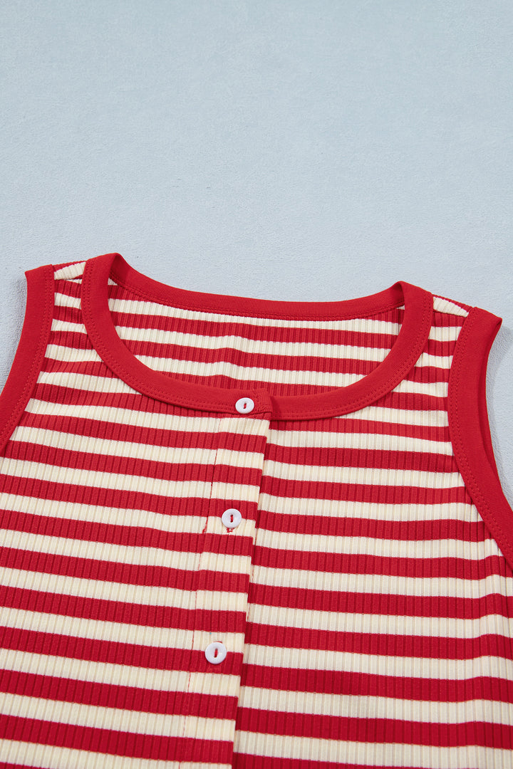 Red Stripe Buttoned Ribbed Knit Tank Top