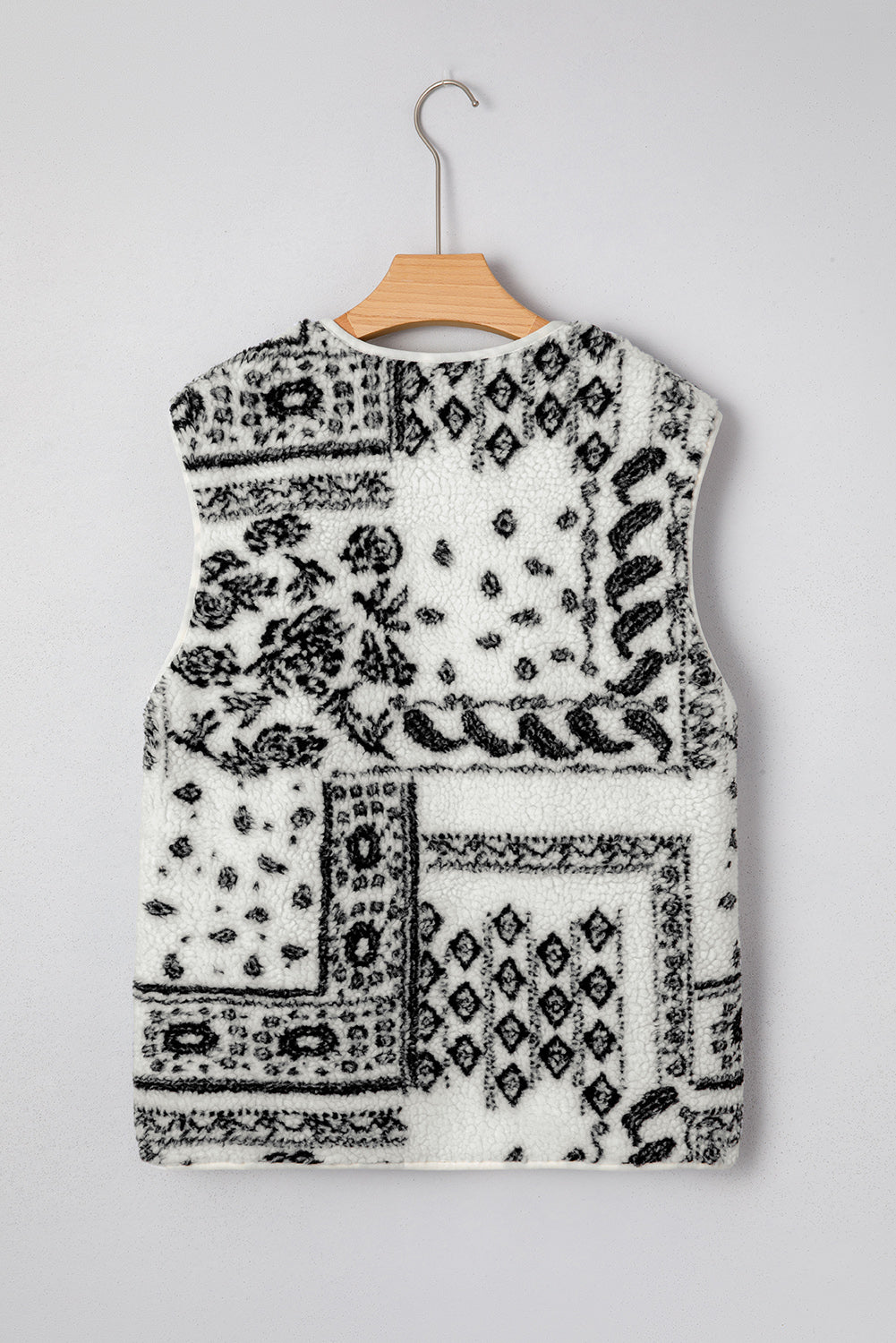 Fashion Beige Sherpa Paisley Print Pocketed Western Vest Jacket