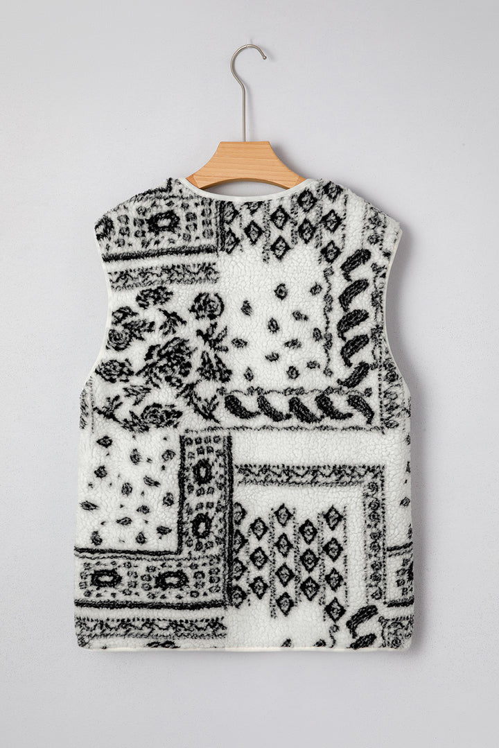 Fashion Beige Sherpa Paisley Print Pocketed Western Vest Jacket