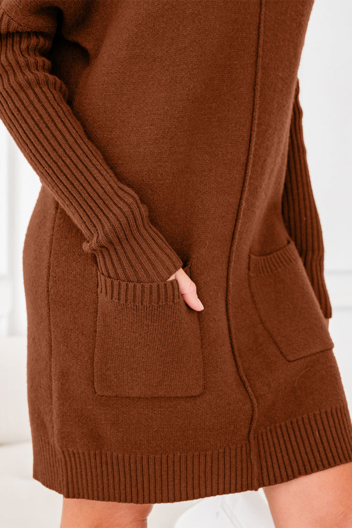 Ribbed High Neck Front Pockets Center Seam Shift Sweater Dress