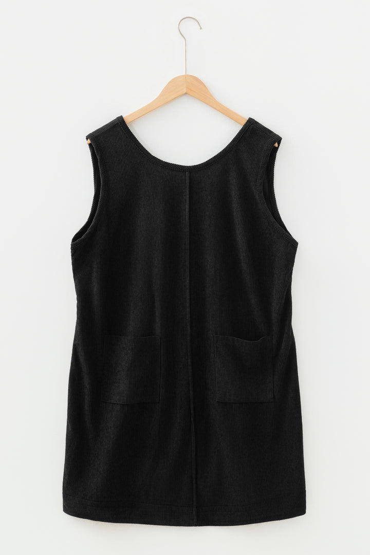Black Plus Size Corduroy Patch Pocket Sleeveless Mini Dress