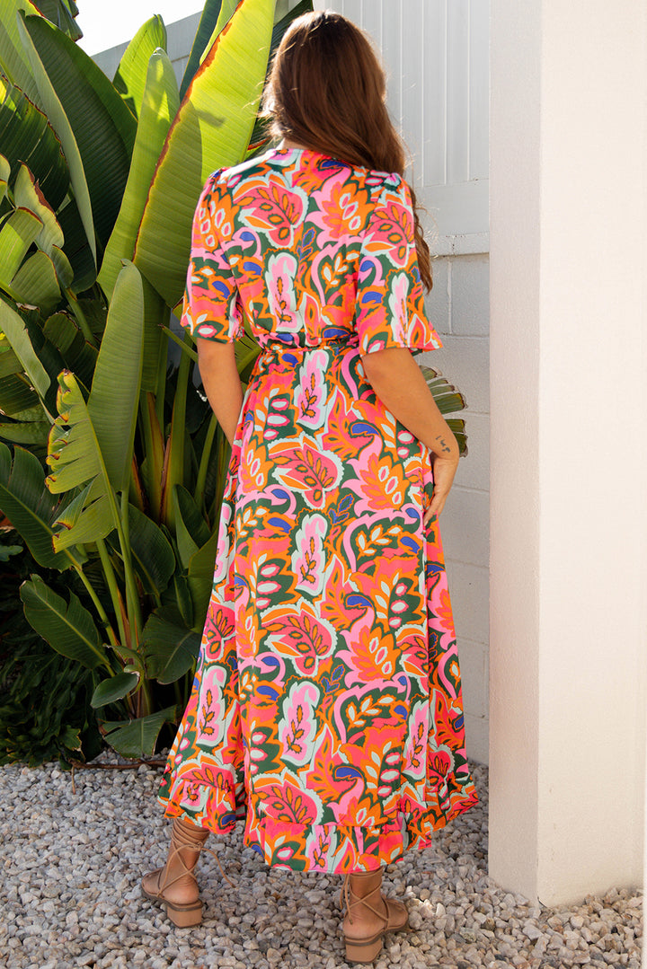 Summer Plant Print Surpliced V Neck Ruffled Asymmetric Slit Wide Maxi Dress