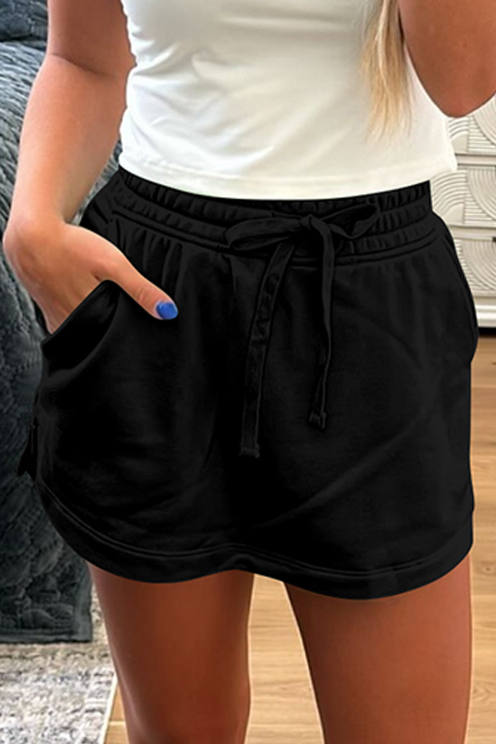 Black French Terry Drawstring Elastic Waistband Mini Skort