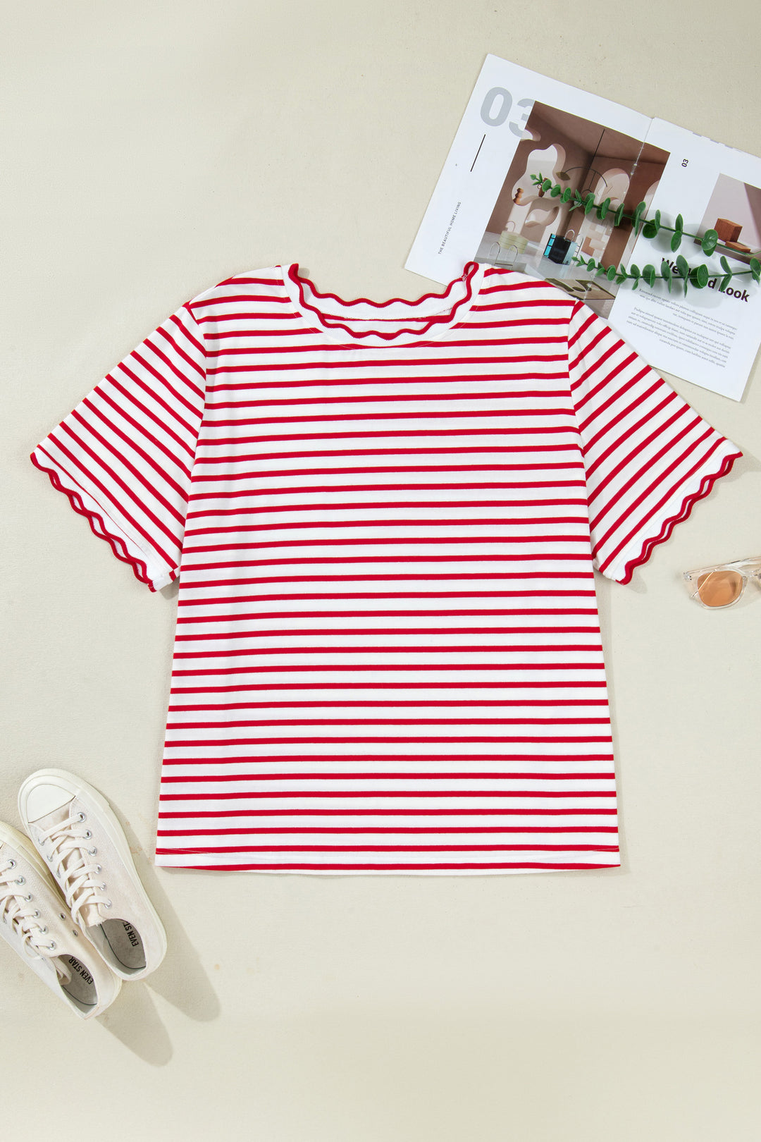 Red Stripe Plus Size Scalloped Trim Round Neck Short Sleeve Top
