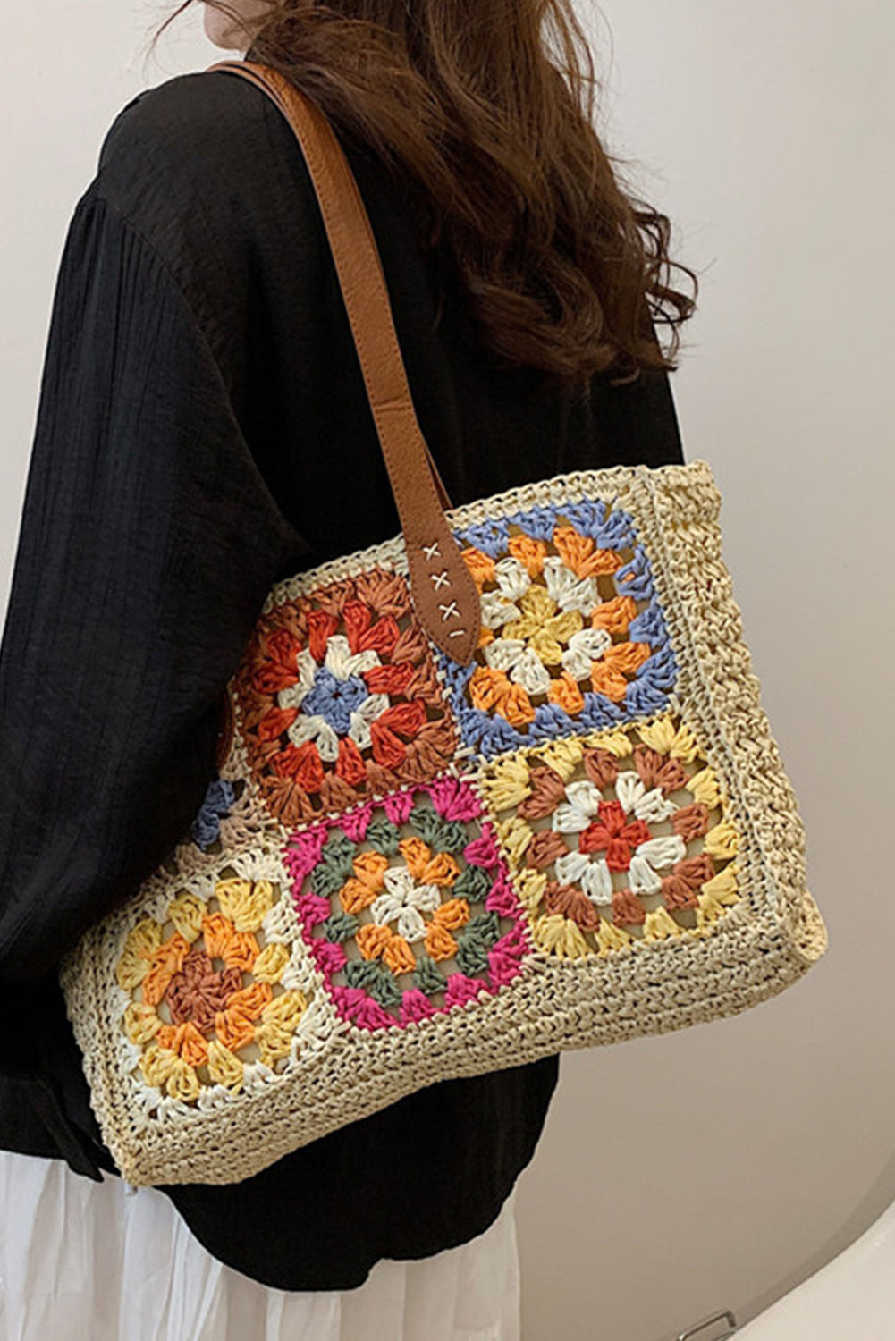 Grand sac fourre-tout carré en crochet floral