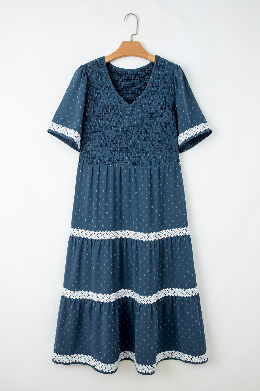 Dusk Blue Plus Size V Neck Swiss Dot Lace Flared Midi Dress