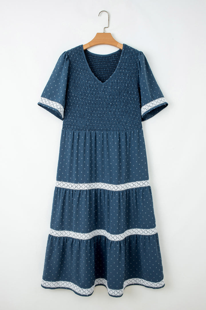 Dusk Blue Plus Size V Neck Swiss Dot Lace Flared Midi Dress