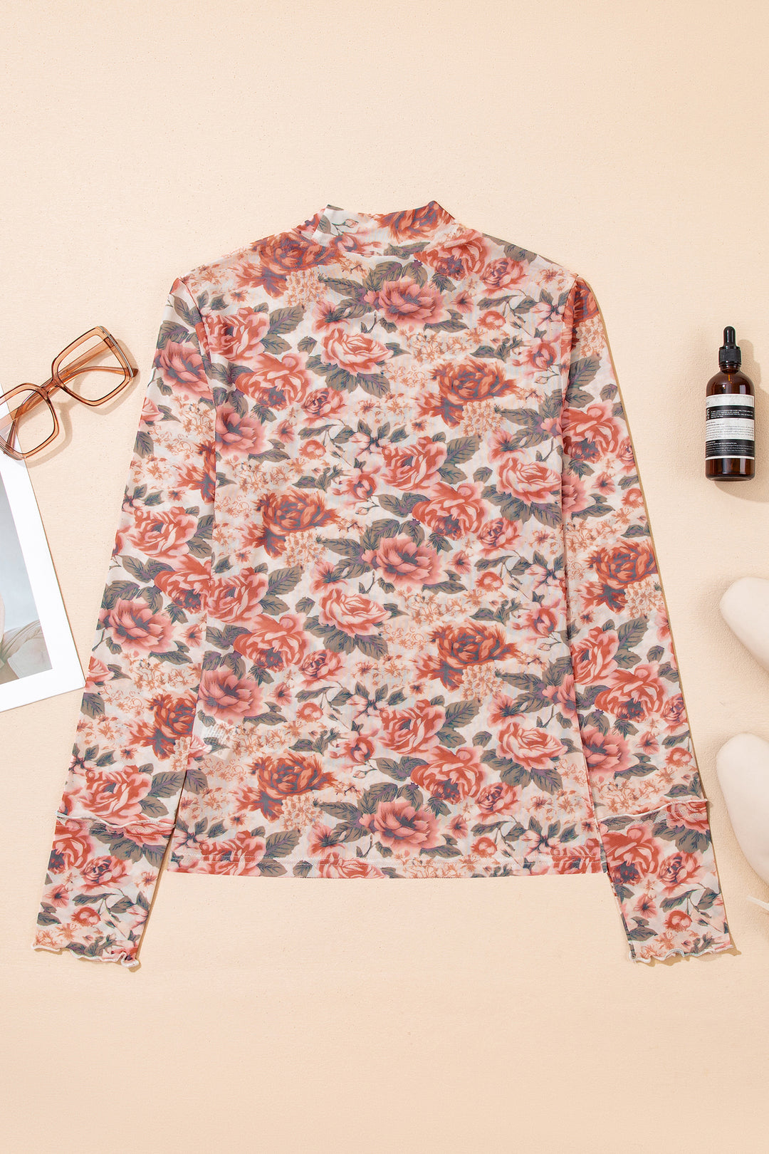 Retro Floral Print Mock Neck Mesh Long Sleeve Top