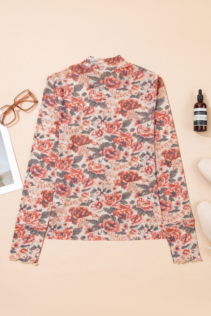 Retro Floral Print Mock Neck Mesh Long Sleeve Top