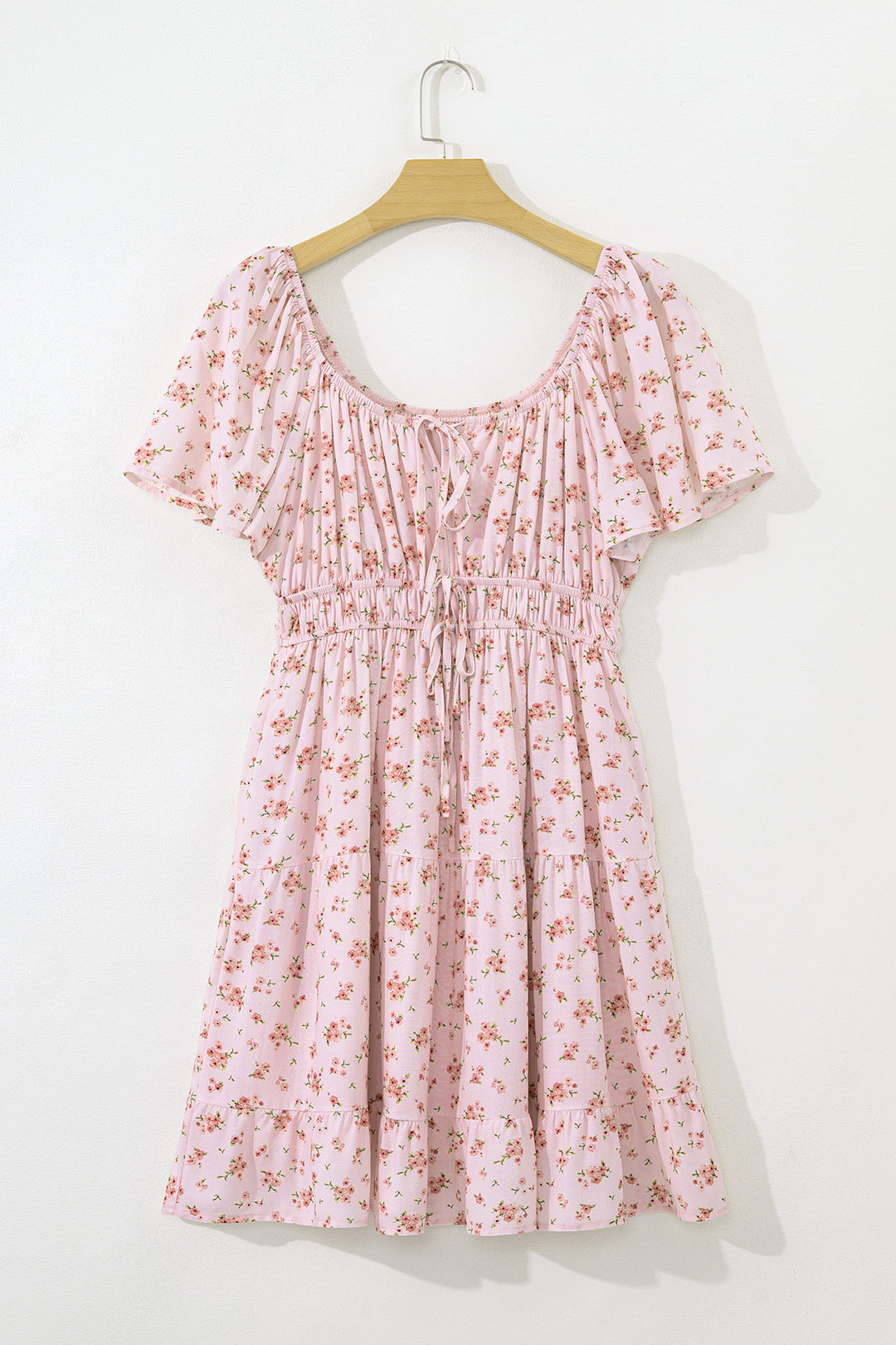 Front Tie Shirred Waist Short Sleeve Ruffled Floral Mini Dress