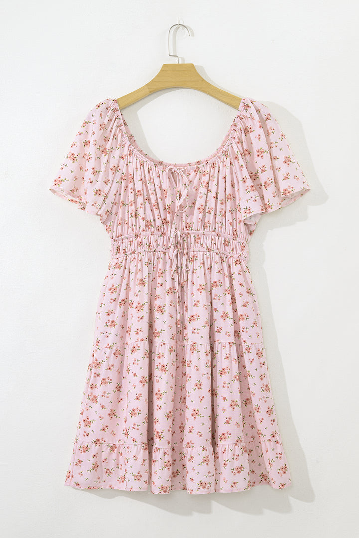 Front Tie Shirred Waist Short Sleeve Ruffled Floral Mini Dress