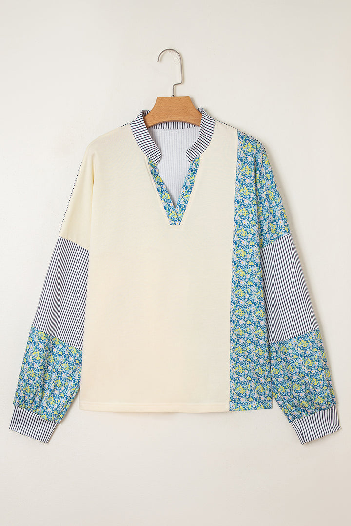 Beige Floral Striped Drop Sleeve Collared Boxy Fit Sweatshirt