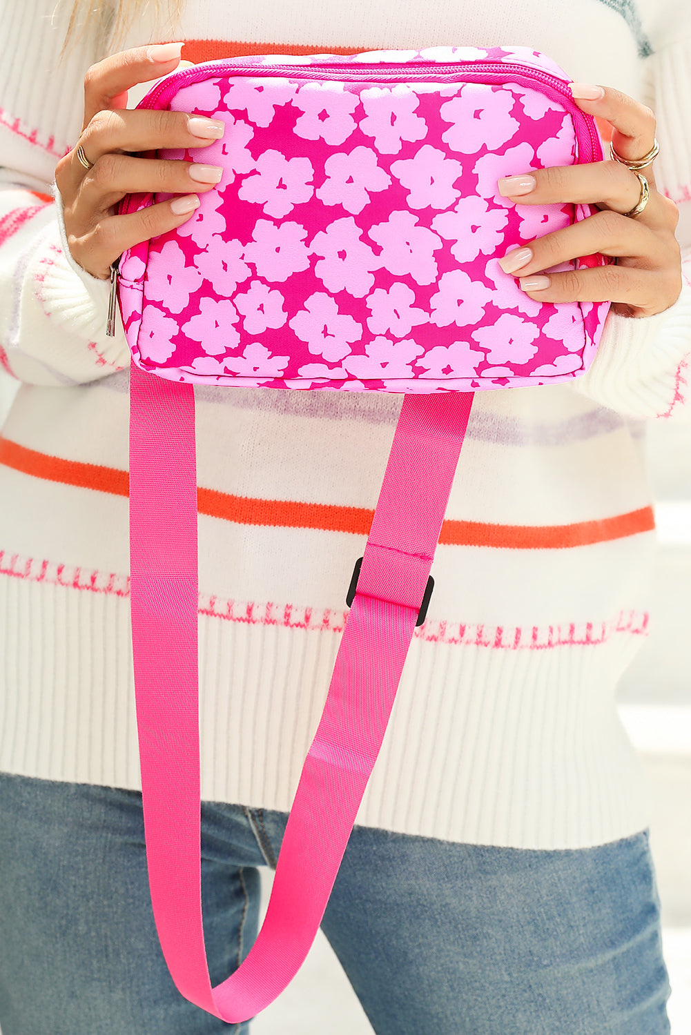 Flower Print Wide Belt Buckle Zipper Crossbody Bag