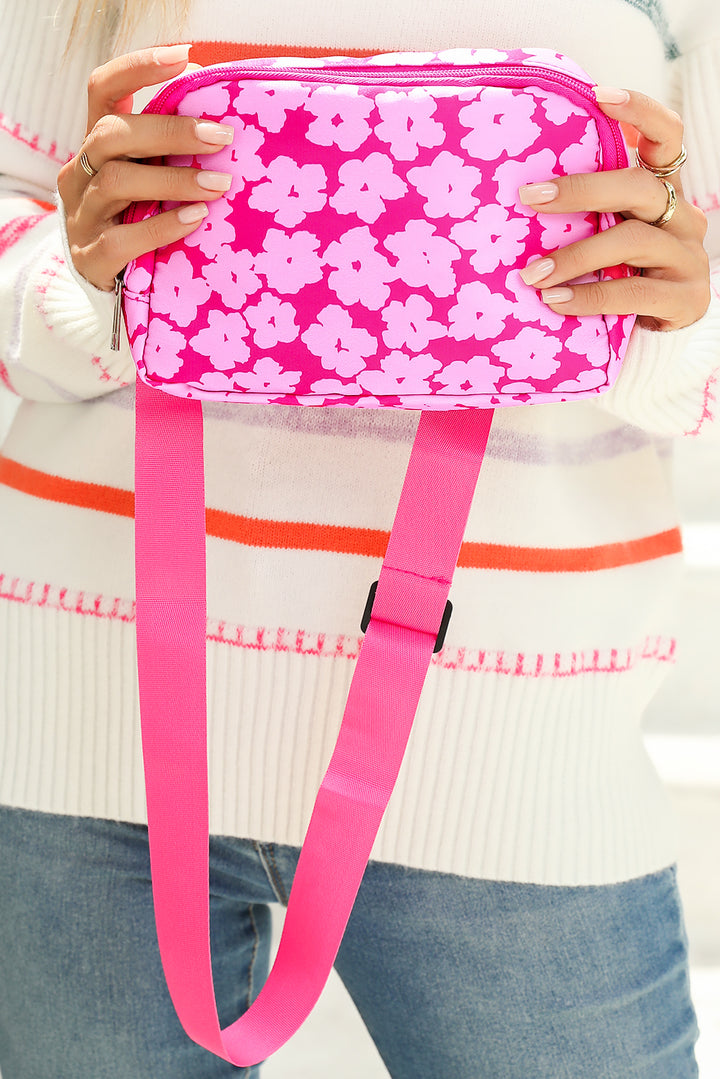 Flower Print Wide Belt Buckle Zipper Crossbody Bag